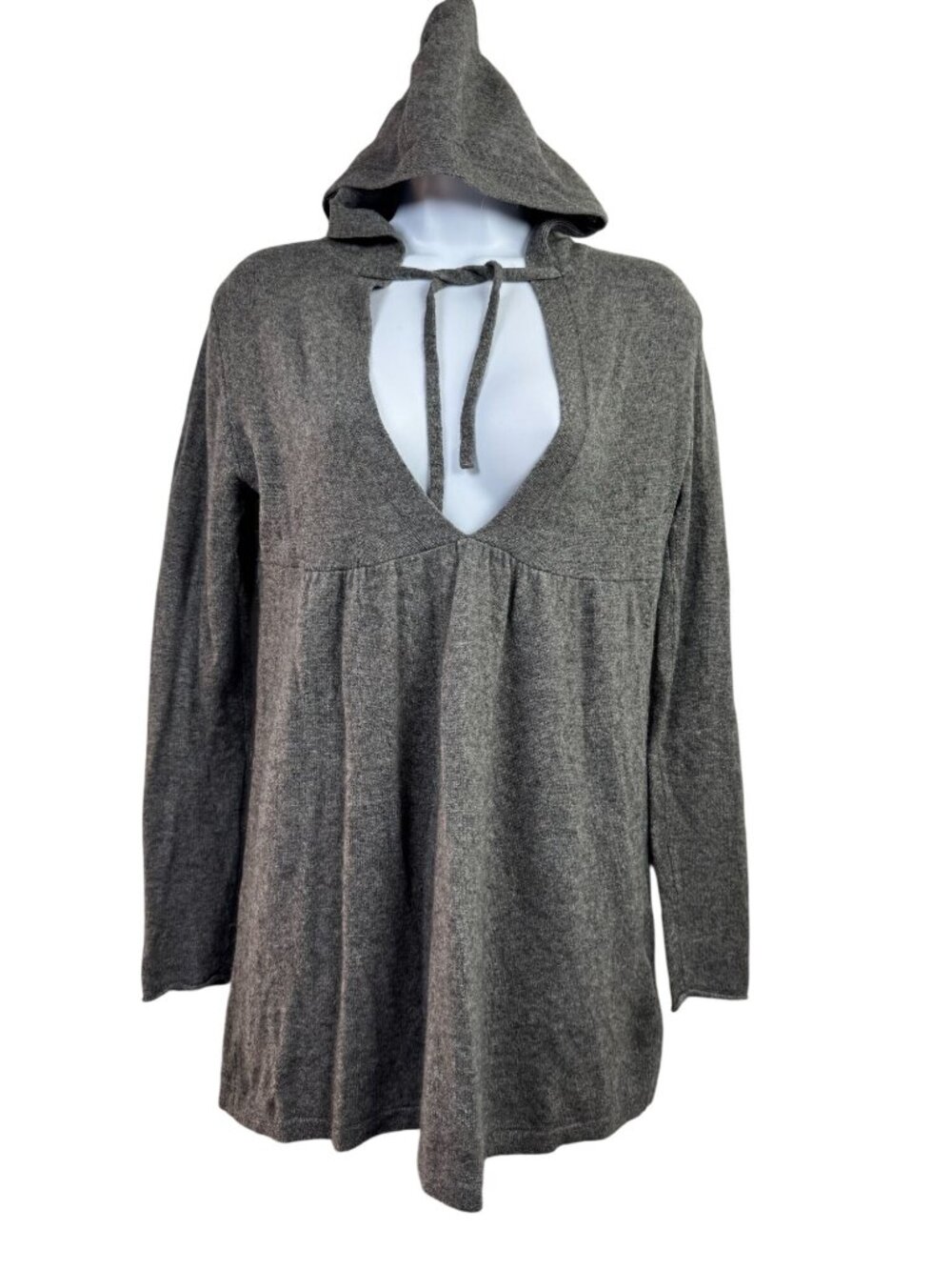 Old Navy Gray Hooded Babydoll Tunic Sweater 100% Cashmere Medium Y2K Long Sleeve